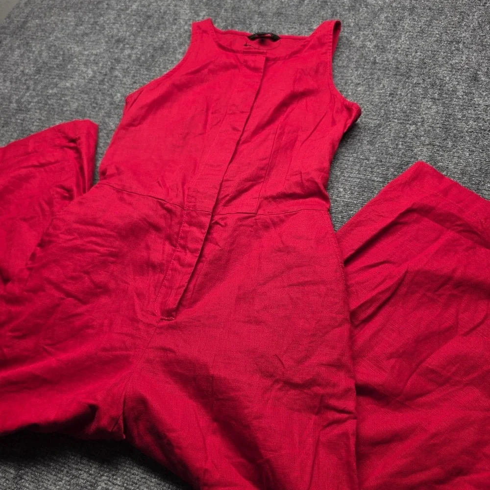 Banana Republic Jumpsuit Womens Linen 0 Sleeveless Wide Leg Crop V Neck Zip Red